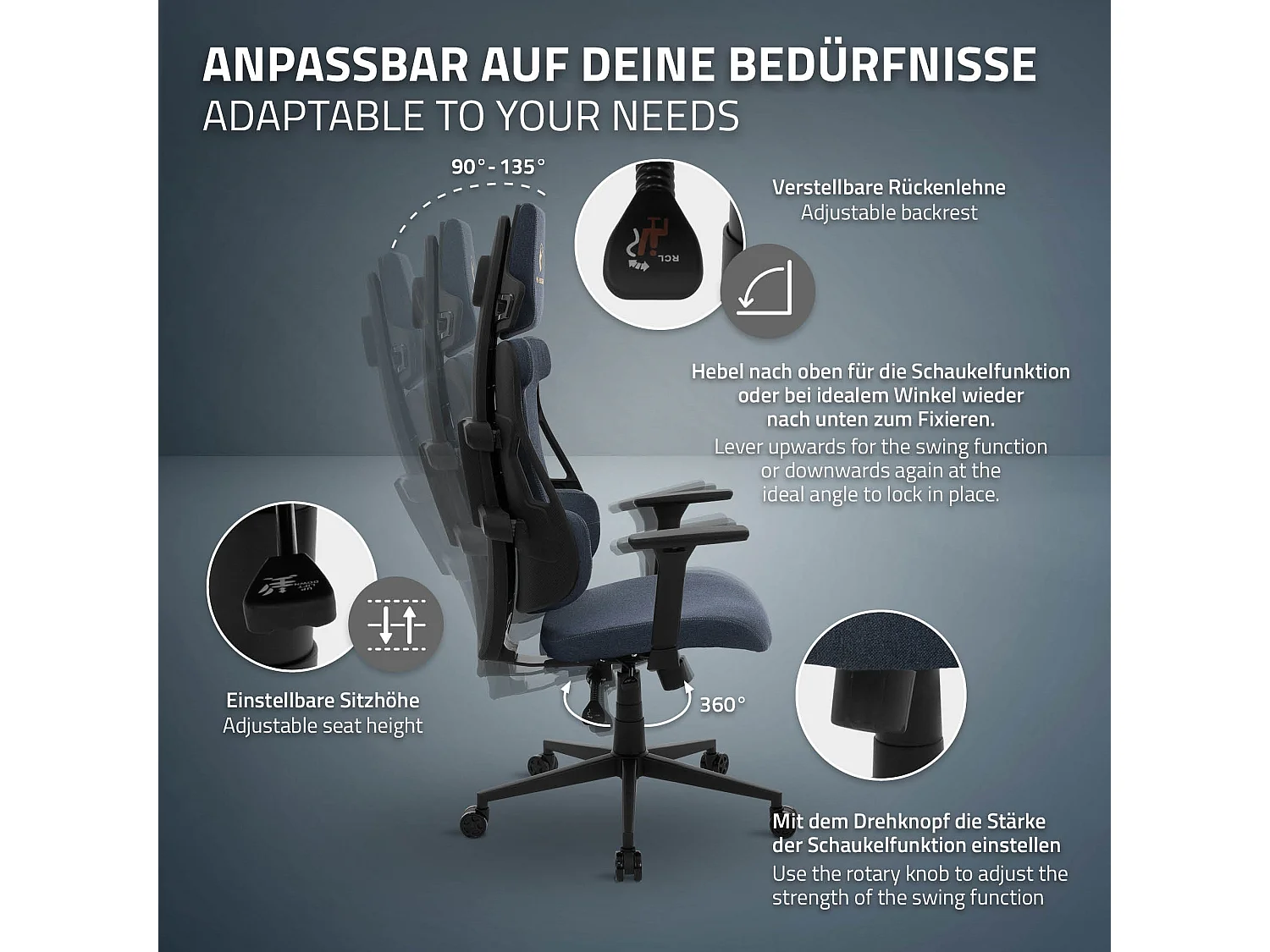 ML-Design Silla gaming ergonómica, tela azul, asiento de ordenador con soporte lumbar, reposacabezas, reposabrazos 3D sillón gamer