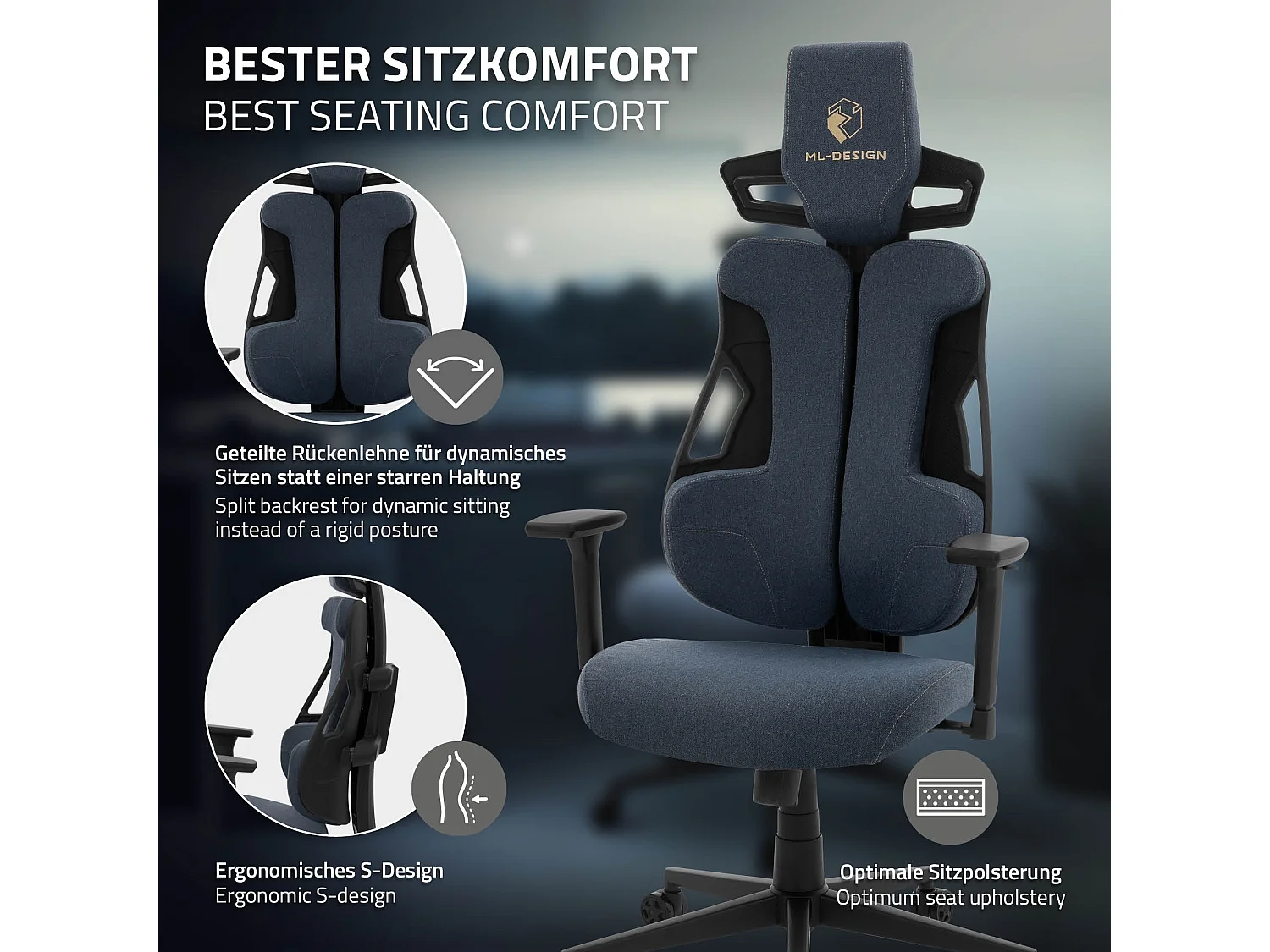 ML-Design Silla gaming ergonómica, tela azul, asiento de ordenador con soporte lumbar, reposacabezas, reposabrazos 3D sillón gamer