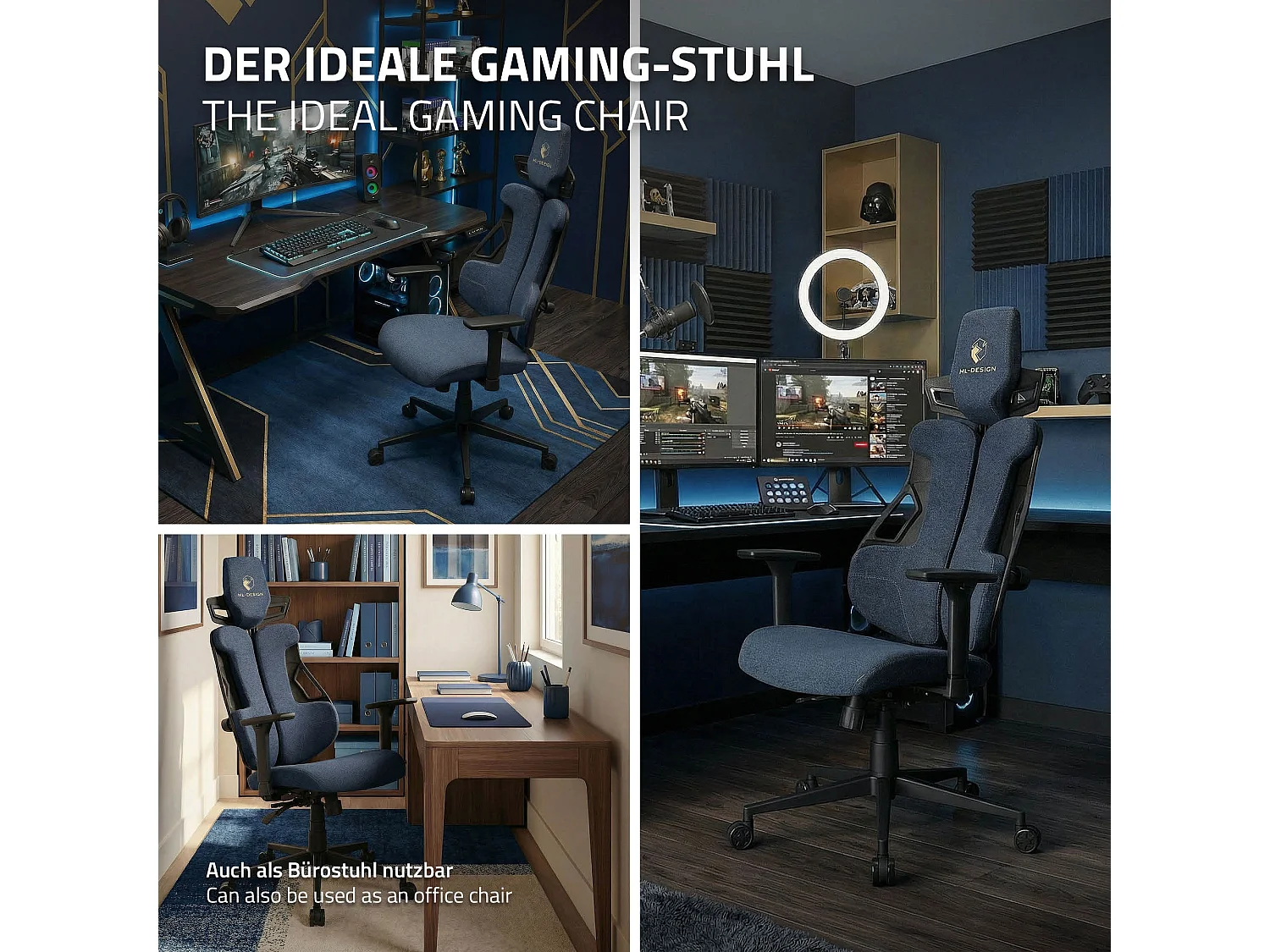 ML-Design Silla gaming ergonómica, tela azul, asiento de ordenador con soporte lumbar, reposacabezas, reposabrazos 3D sillón gamer