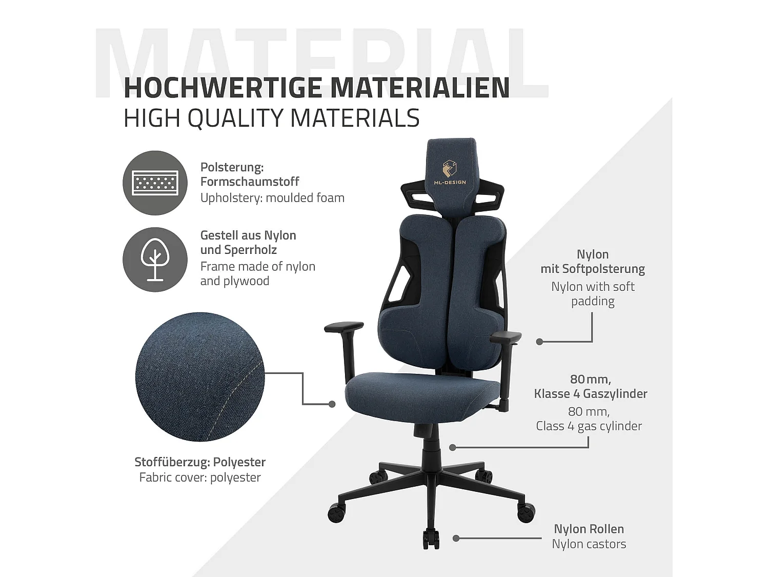 ML-Design Silla gaming ergonómica, tela azul, asiento de ordenador con soporte lumbar, reposacabezas, reposabrazos 3D sillón gamer