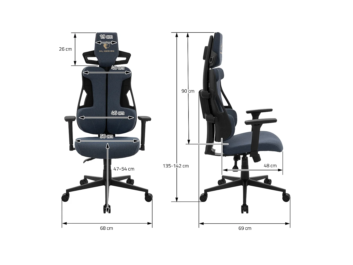 ML-Design Silla gaming ergonómica, tela azul, asiento de ordenador con soporte lumbar, reposacabezas, reposabrazos 3D sillón gamer