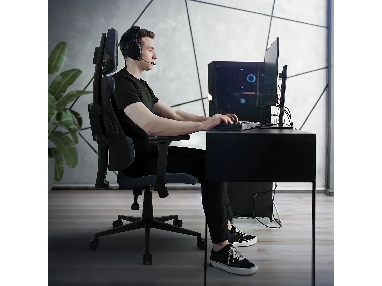 ML-Design Silla gaming ergonómica, tela azul, asiento de ordenador con soporte lumbar, reposacabezas, reposabrazos 3D sillón gamer
