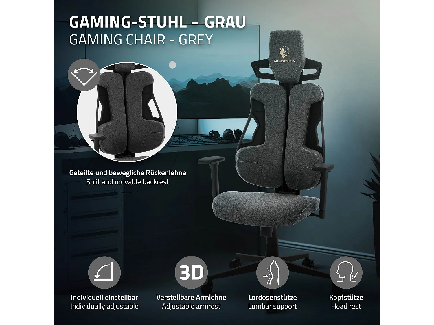 ML-Design Silla gaming ergonómica, tela gris, asiento de ordenador con soporte lumbar, reposacabezas, reposabrazos 3D sillón gamer