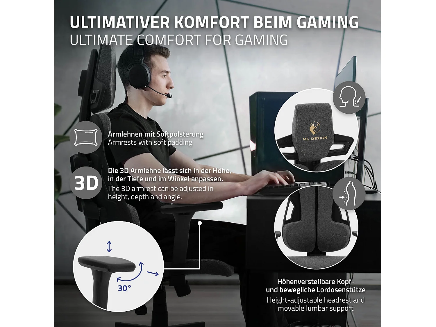 ML-Design Silla gaming ergonómica, tela gris, asiento de ordenador con soporte lumbar, reposacabezas, reposabrazos 3D sillón gamer