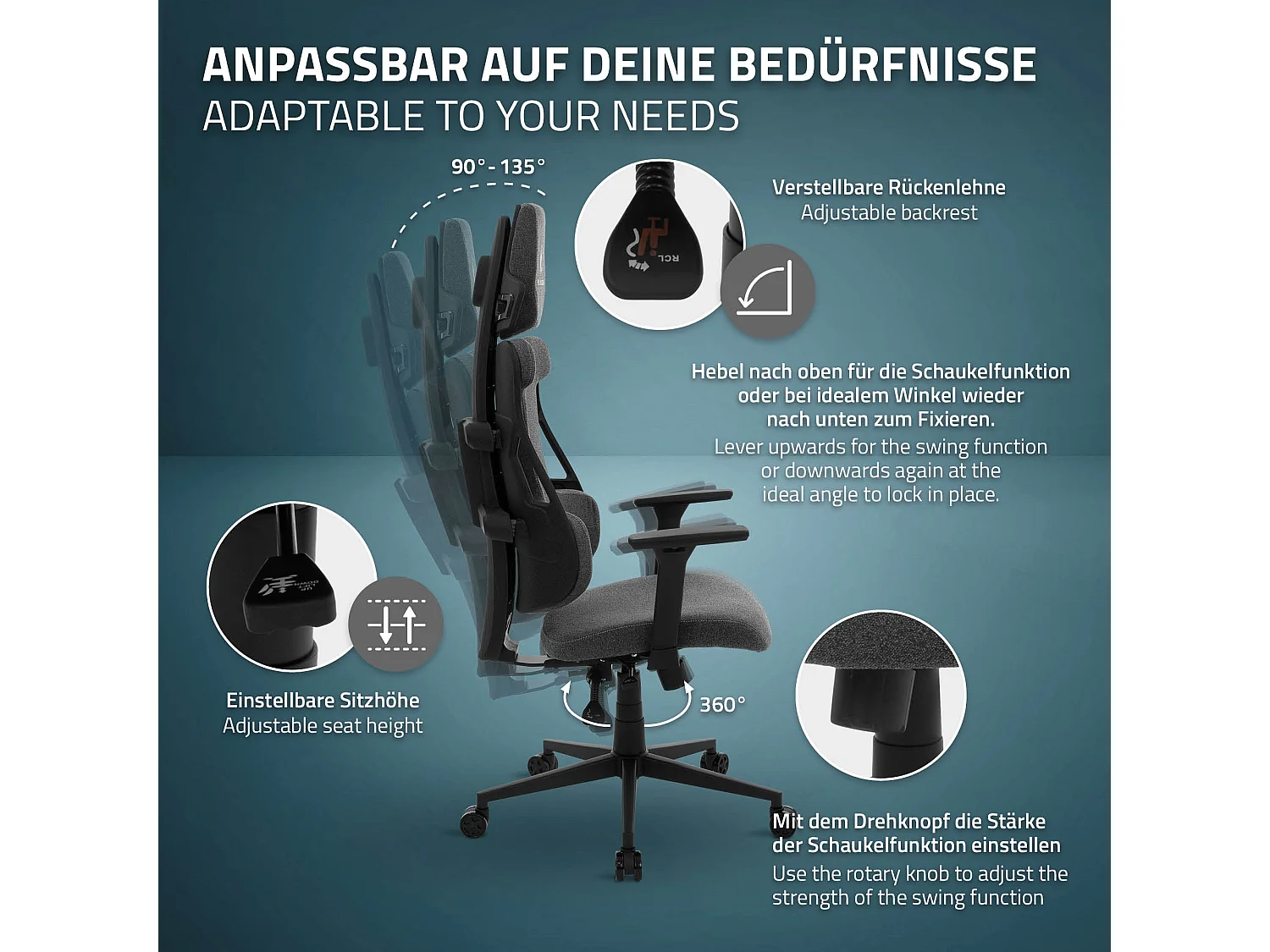 ML-Design Silla gaming ergonómica, tela gris, asiento de ordenador con soporte lumbar, reposacabezas, reposabrazos 3D sillón gamer
