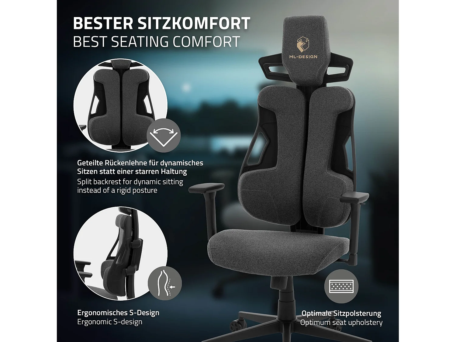 ML-Design Silla gaming ergonómica, tela gris, asiento de ordenador con soporte lumbar, reposacabezas, reposabrazos 3D sillón gamer