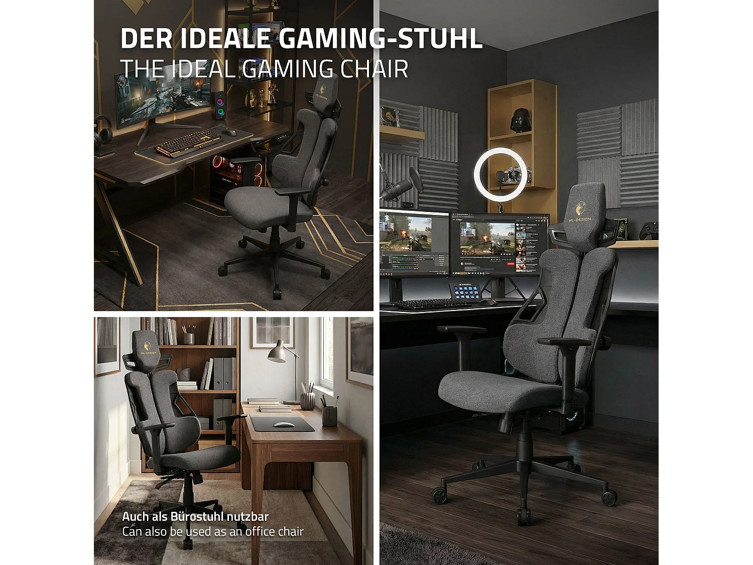 ML-Design Silla gaming ergonómica, tela gris, asiento de ordenador con soporte lumbar, reposacabezas, reposabrazos 3D sillón gamer
