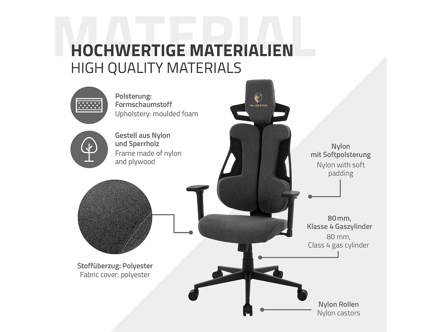 ML-Design Silla gaming ergonómica, tela gris, asiento de ordenador con soporte lumbar, reposacabezas, reposabrazos 3D sillón gamer