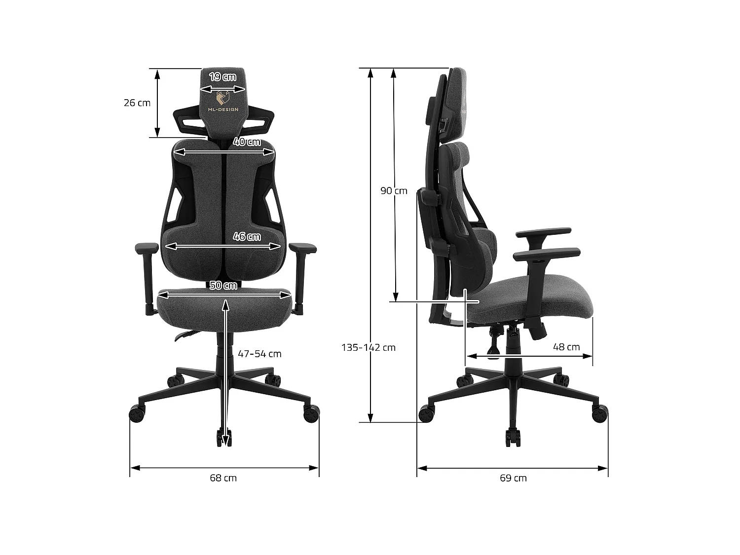 ML-Design Silla gaming ergonómica, tela gris, asiento de ordenador con soporte lumbar, reposacabezas, reposabrazos 3D sillón gamer