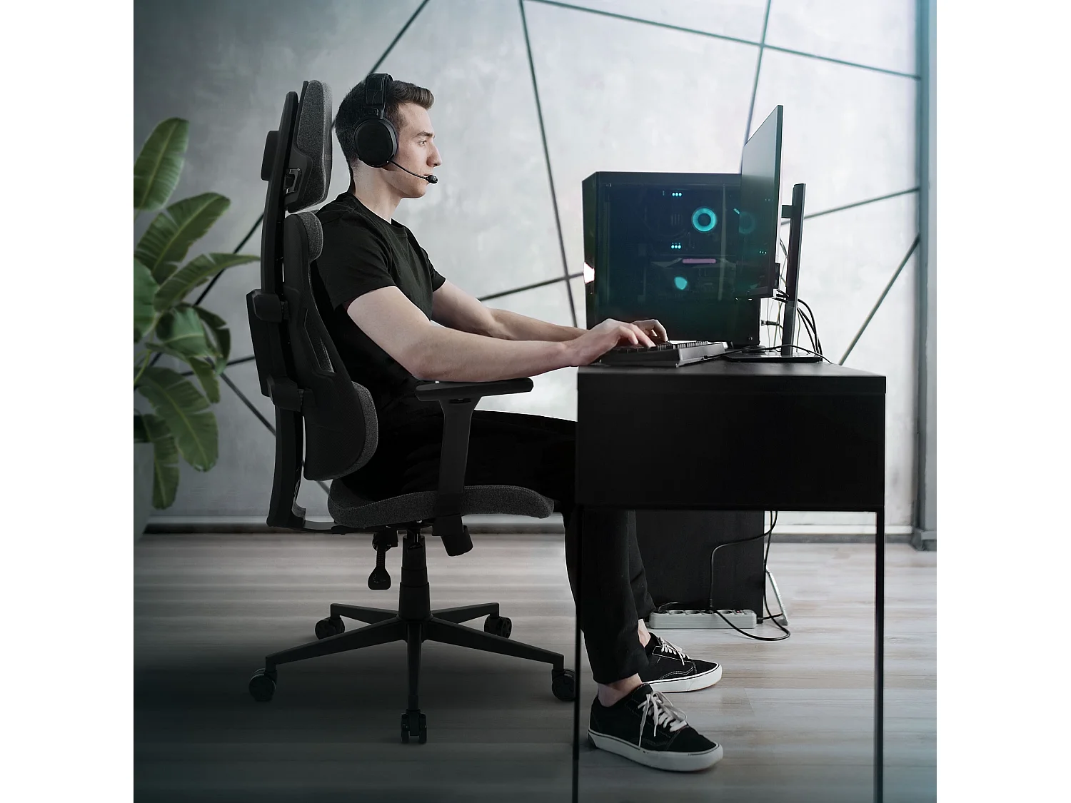 ML-Design Silla gaming ergonómica, tela gris, asiento de ordenador con soporte lumbar, reposacabezas, reposabrazos 3D sillón gamer