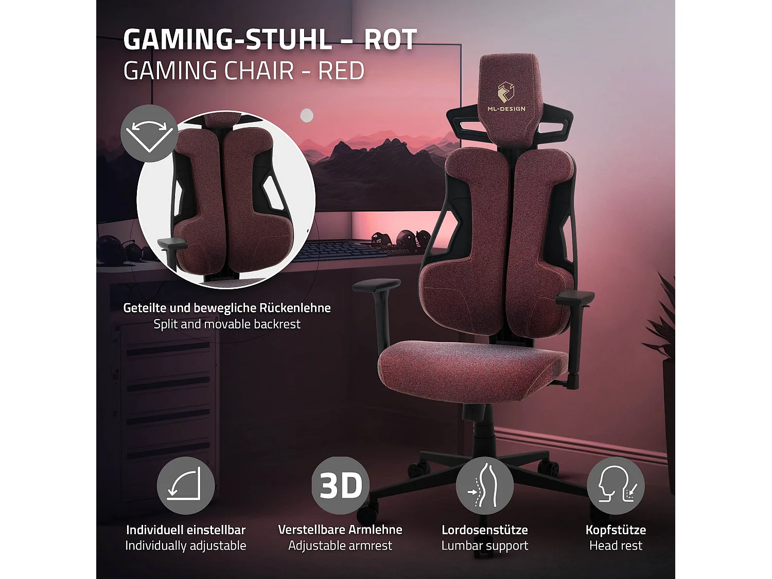 ML-Design Silla gaming ergonómica, tela rojo, asiento de ordenador con soporte lumbar, reposacabezas, reposabrazos 3D sillón gamer