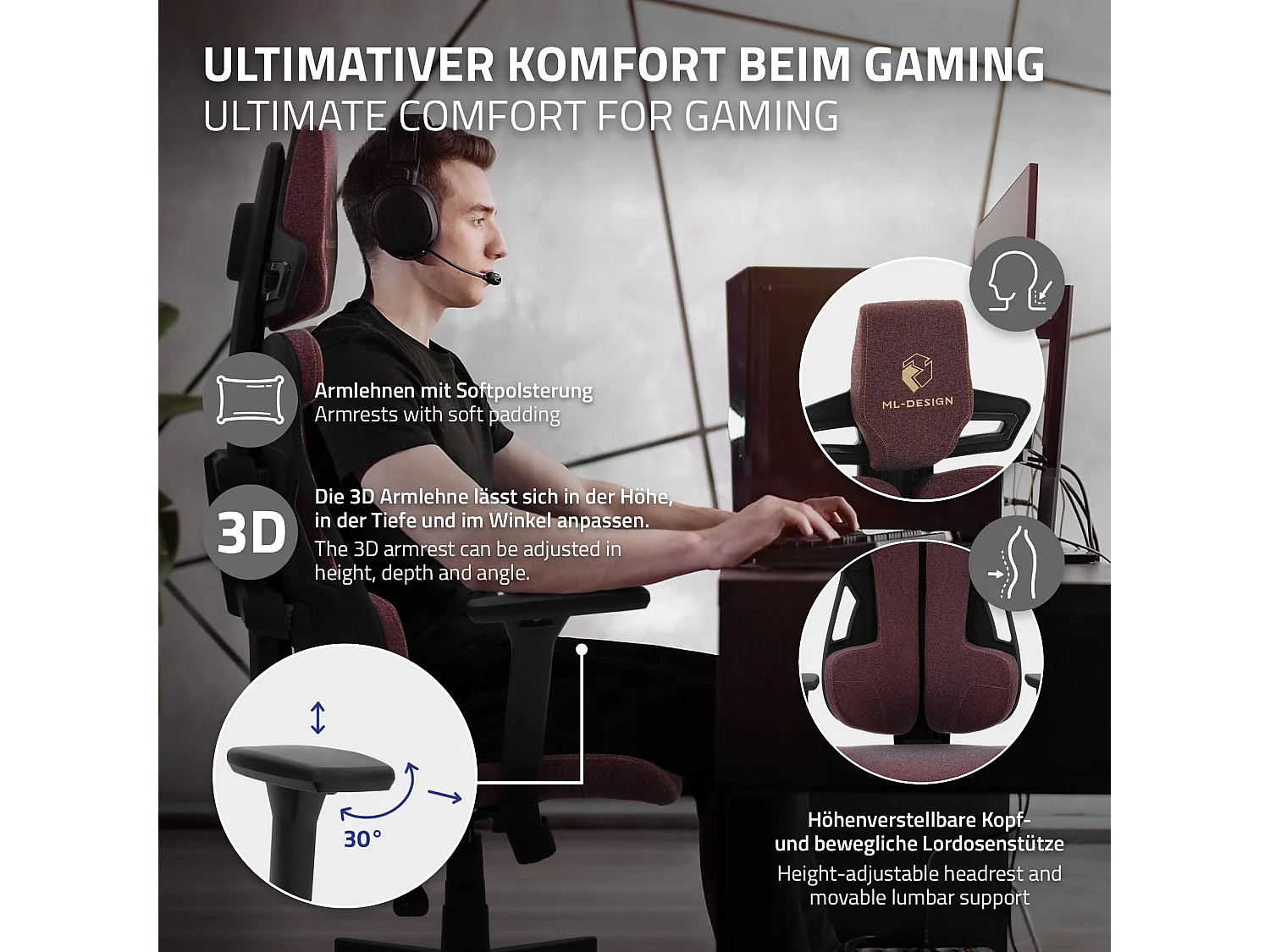 ML-Design Silla gaming ergonómica, tela rojo, asiento de ordenador con soporte lumbar, reposacabezas, reposabrazos 3D sillón gamer
