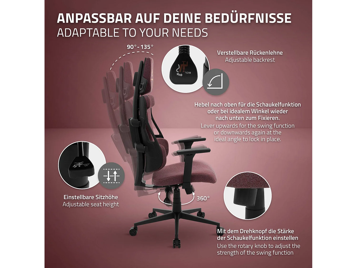 ML-Design Silla gaming ergonómica, tela rojo, asiento de ordenador con soporte lumbar, reposacabezas, reposabrazos 3D sillón gamer