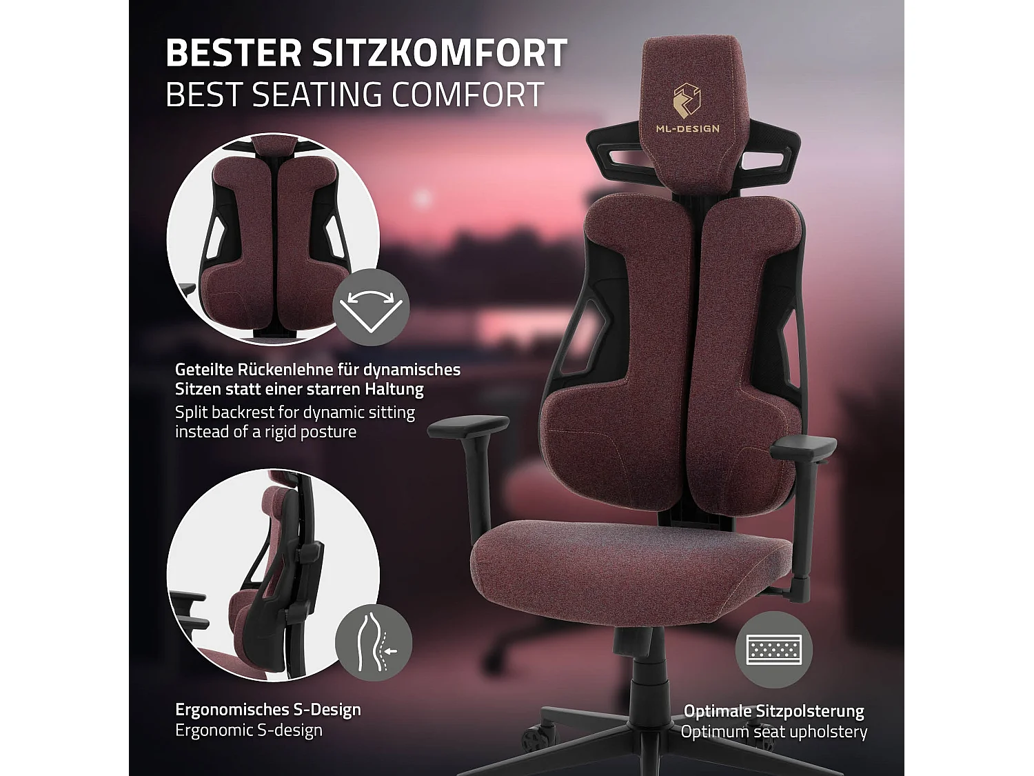 ML-Design Silla gaming ergonómica, tela rojo, asiento de ordenador con soporte lumbar, reposacabezas, reposabrazos 3D sillón gamer