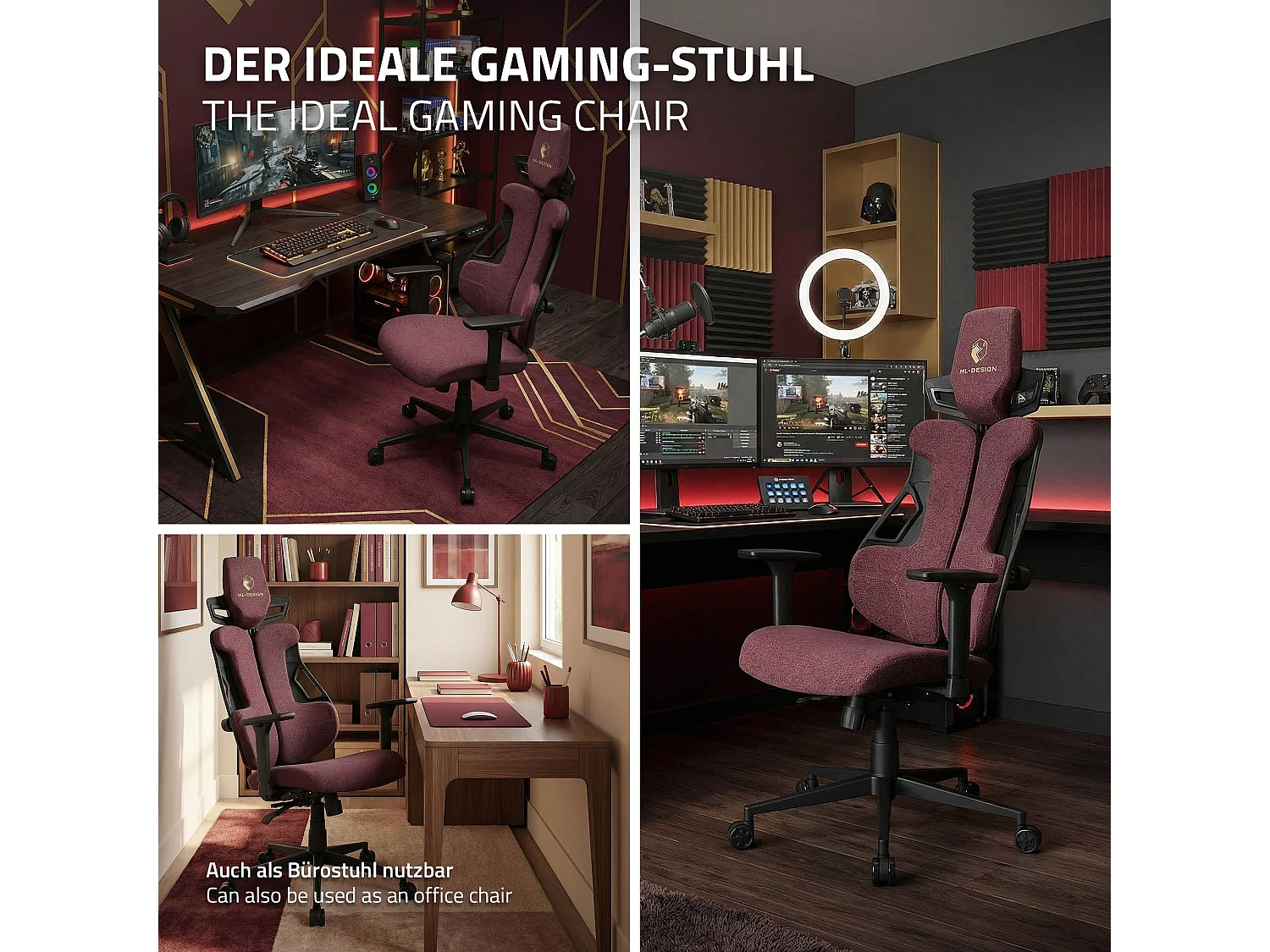 ML-Design Silla gaming ergonómica, tela rojo, asiento de ordenador con soporte lumbar, reposacabezas, reposabrazos 3D sillón gamer