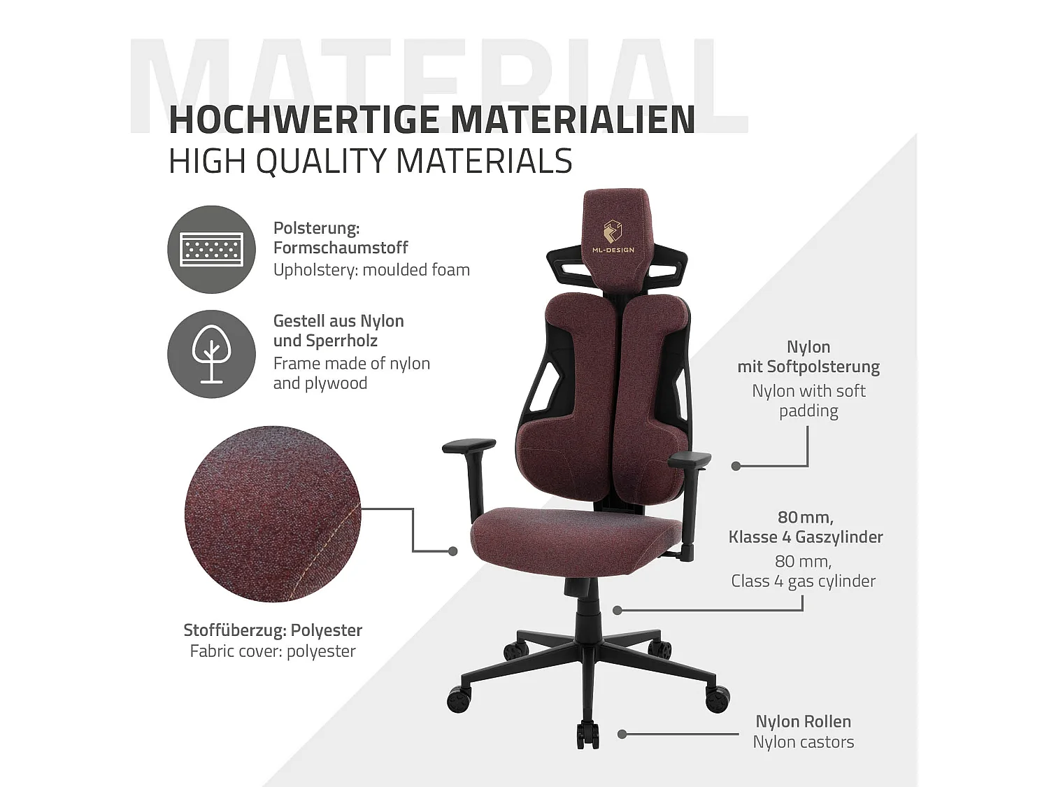 ML-Design Silla gaming ergonómica, tela rojo, asiento de ordenador con soporte lumbar, reposacabezas, reposabrazos 3D sillón gamer
