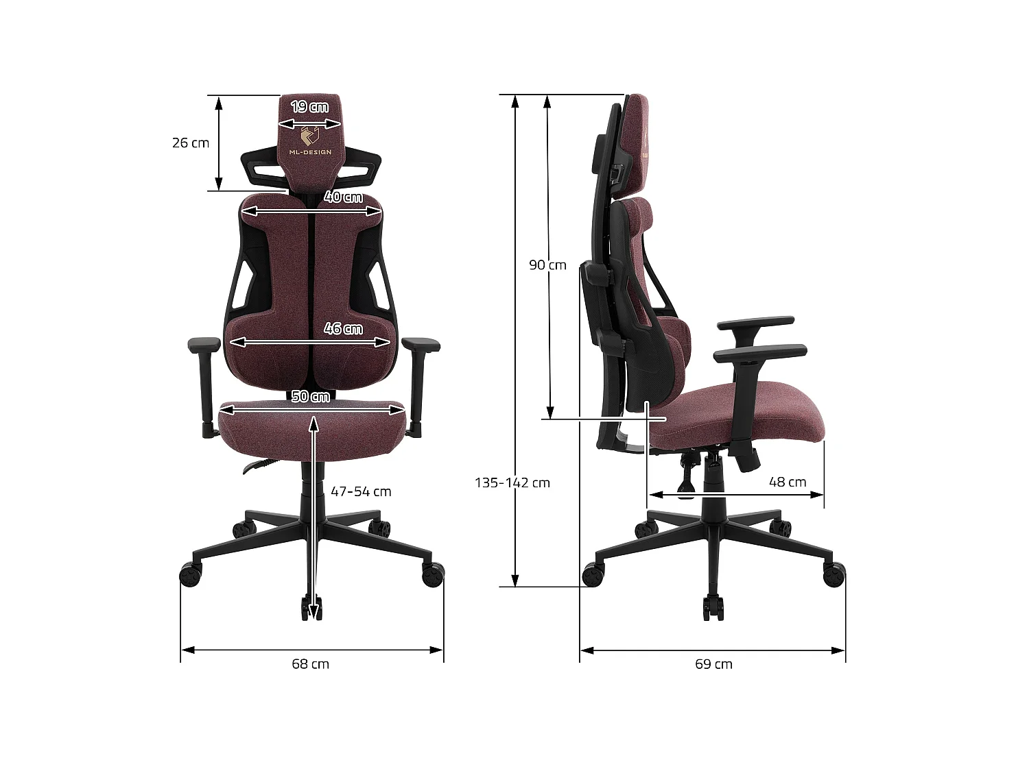 ML-Design Silla gaming ergonómica, tela rojo, asiento de ordenador con soporte lumbar, reposacabezas, reposabrazos 3D sillón gamer