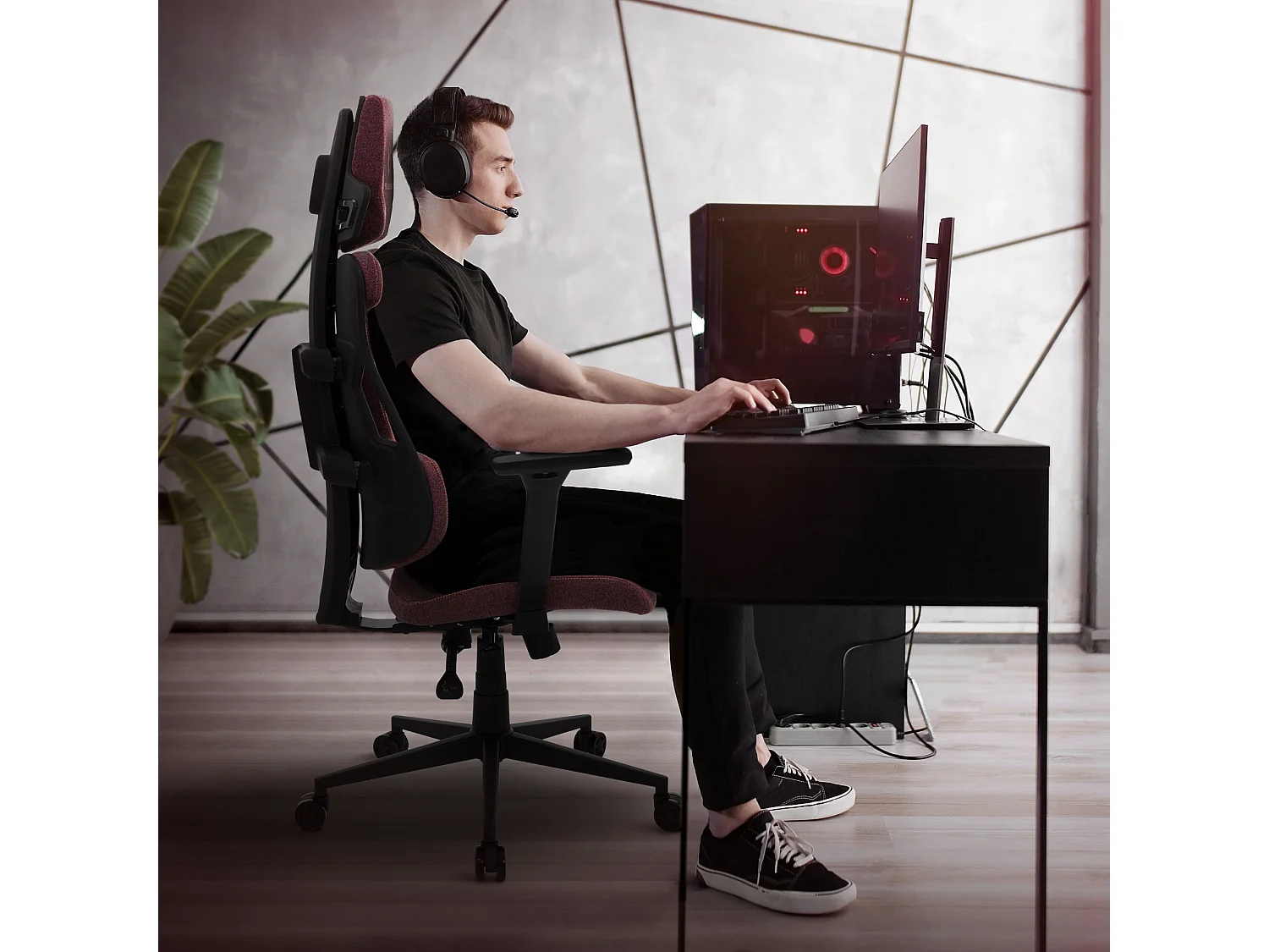 ML-Design Silla gaming ergonómica, tela rojo, asiento de ordenador con soporte lumbar, reposacabezas, reposabrazos 3D sillón gamer