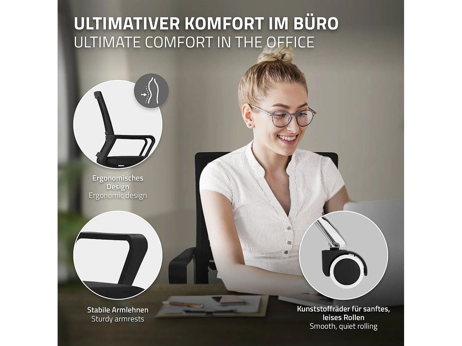 Chaise de bureau ergonomique noir avec roulettes pivotant 360° avec dossier en maille soutien lombaire et accoudoirs siège ordinateur hauteur réglable