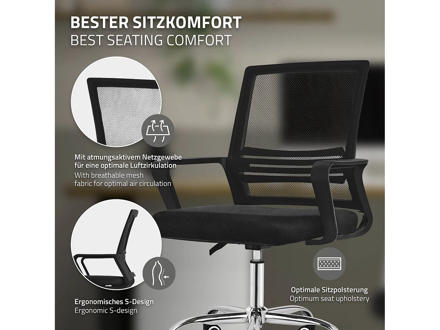Chaise de bureau ergonomique noir avec roulettes pivotant 360° avec dossier en maille soutien lombaire et accoudoirs siège ordinateur hauteur réglable