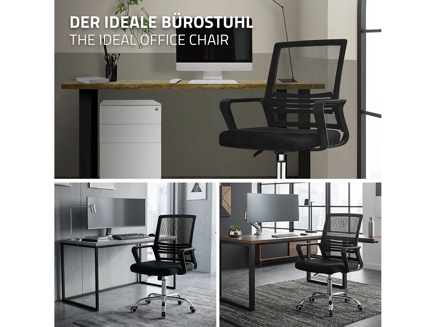 Chaise de bureau ergonomique noir avec roulettes pivotant 360° avec dossier en maille soutien lombaire et accoudoirs siège ordinateur hauteur réglable