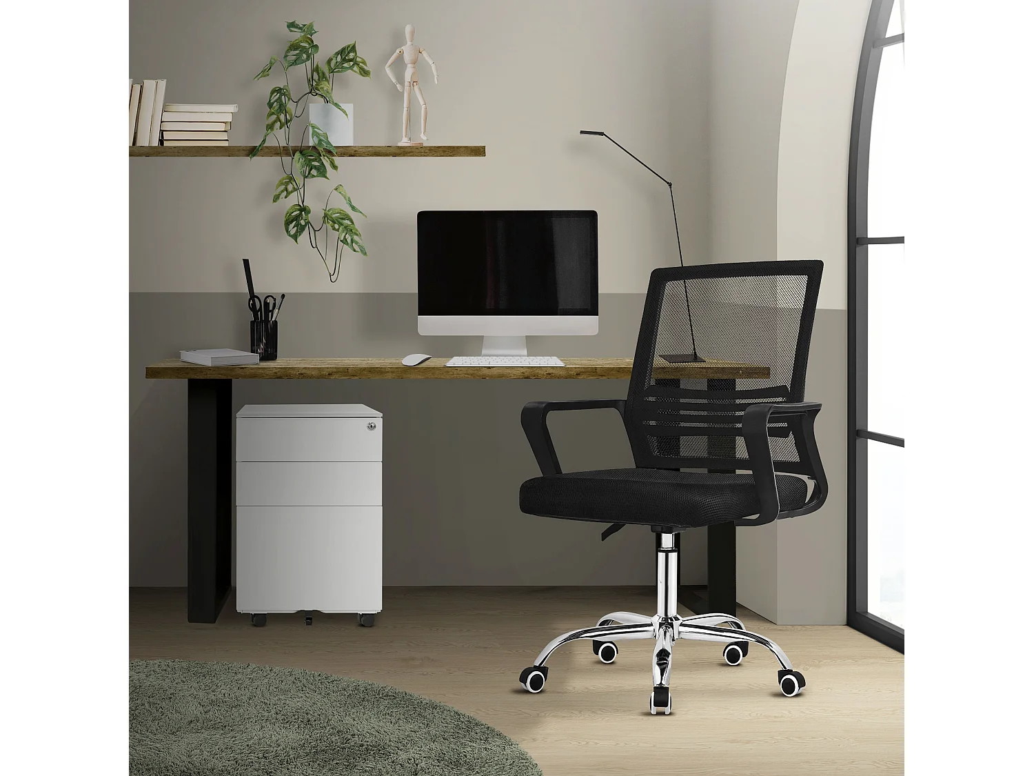 Chaise de bureau ergonomique noir avec roulettes pivotant 360° avec dossier en maille soutien lombaire et accoudoirs siège ordinateur hauteur réglable