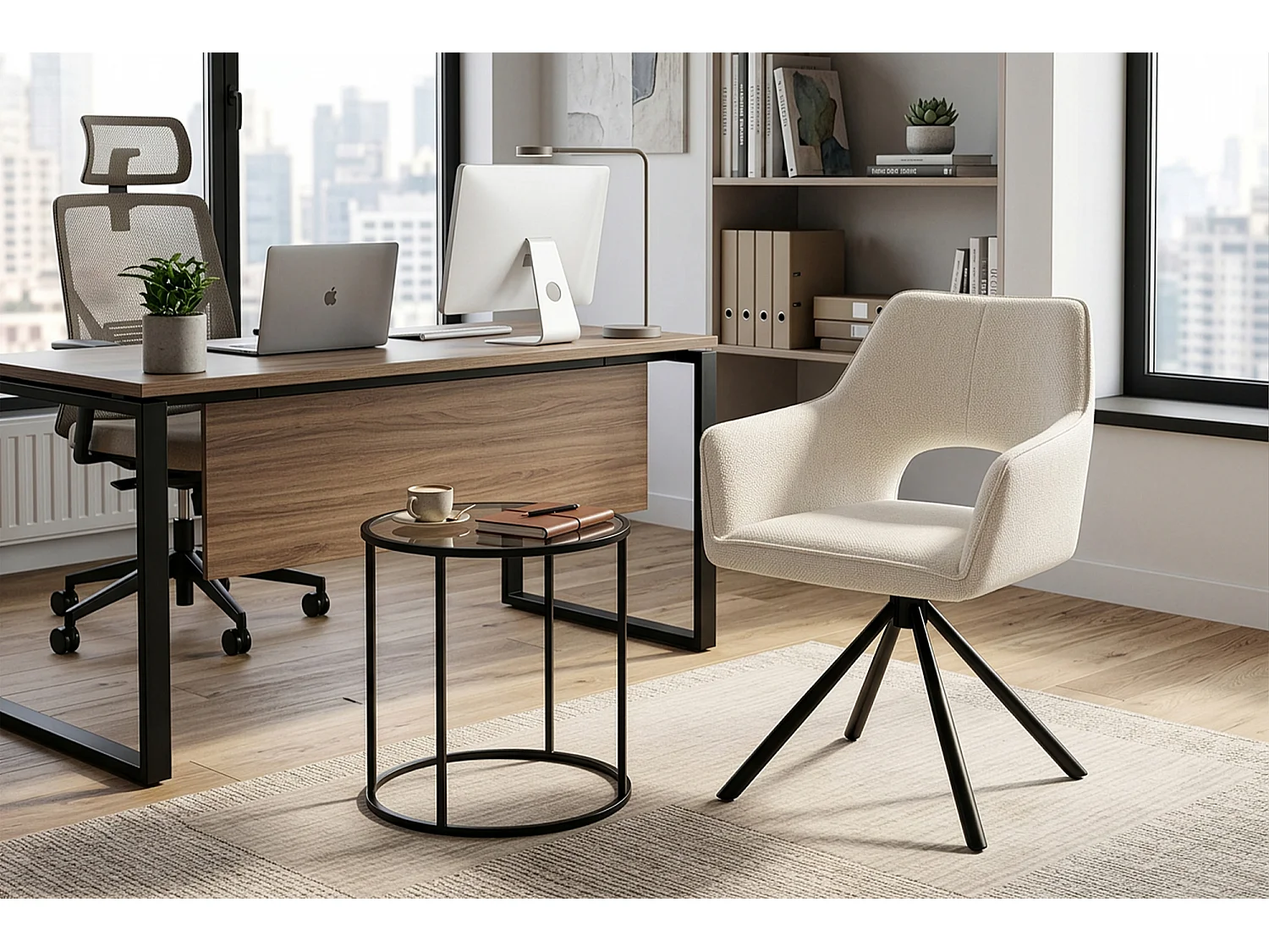 Sedia ufficio in tessuto, poltrona girevole beige – Alba