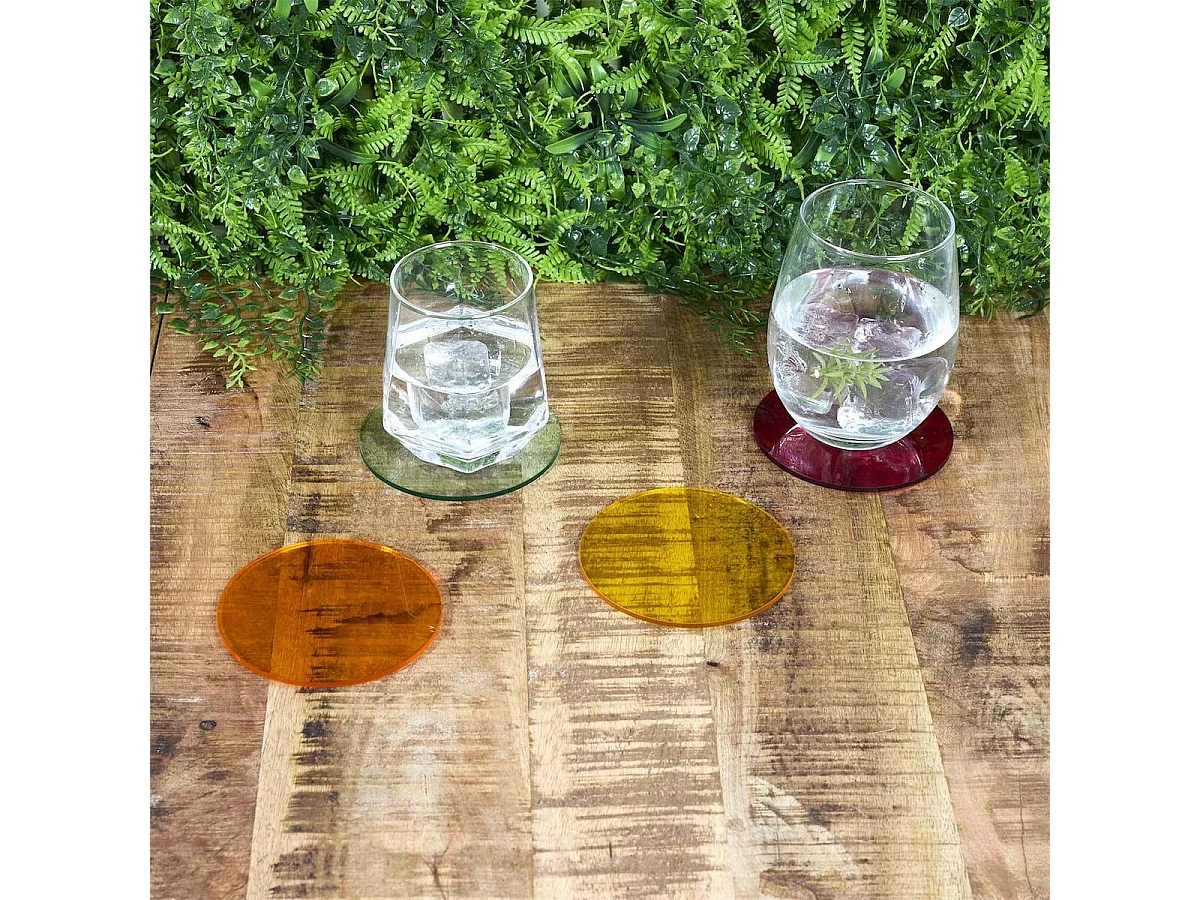 Set de 4 dessous de verre en acrylique rouge, orange, jaune et transparent (Ø10cm)