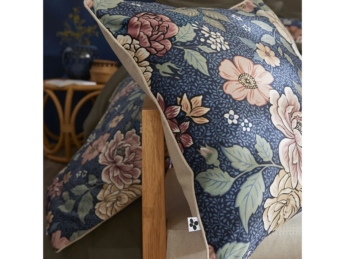 Coussin déhoussable 50x50cm velours imprimé floral coloris bleu - FAUSTINE
