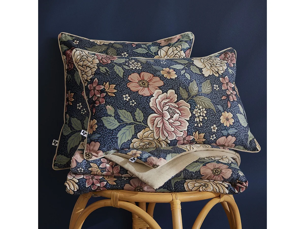 Coussin déhoussable 50x50cm velours imprimé floral coloris bleu - FAUSTINE