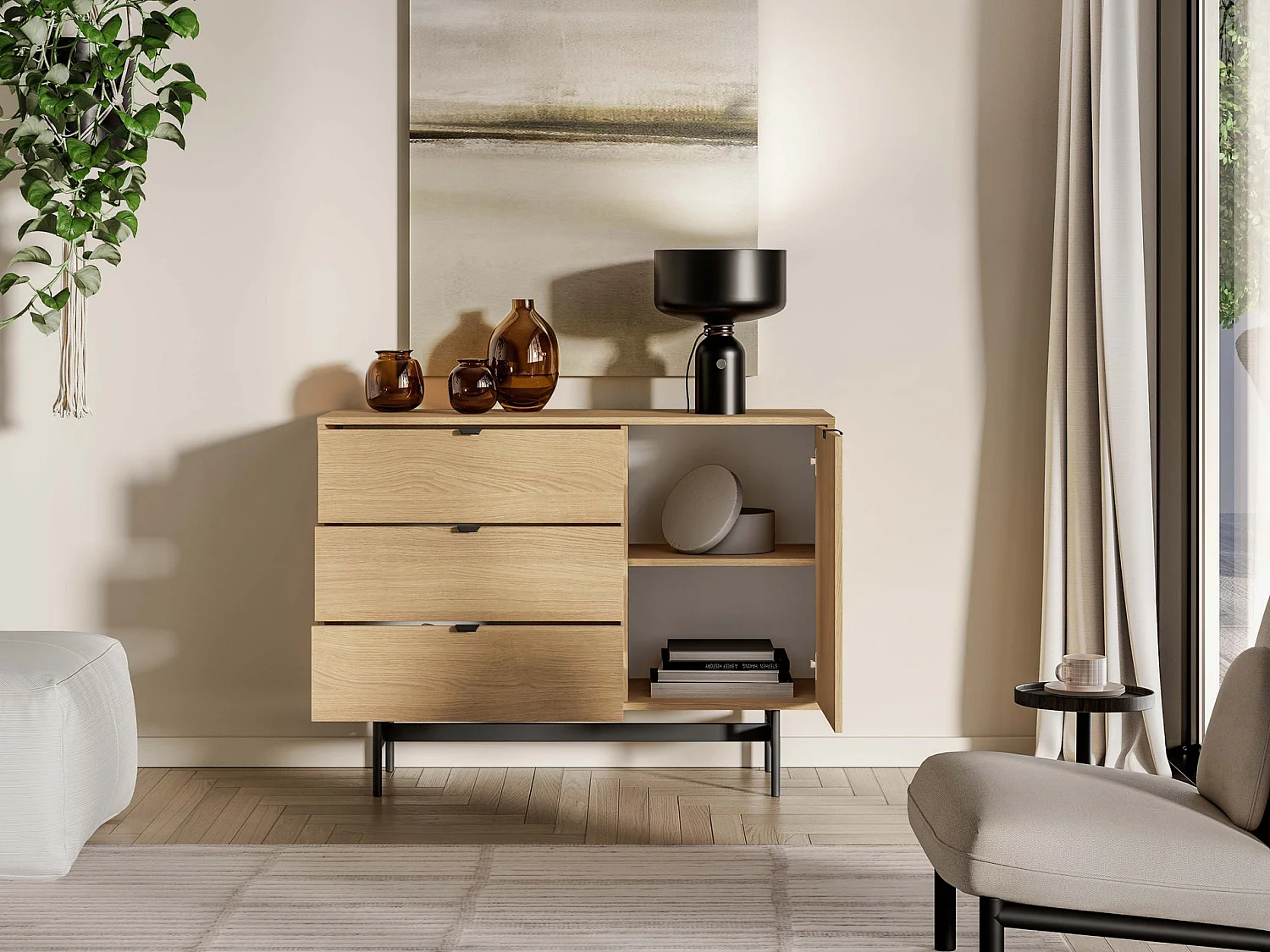 Buffet avec 1 porte et 3 tiroirs - 115 cm - Chêne mavelie - HEGGERS
