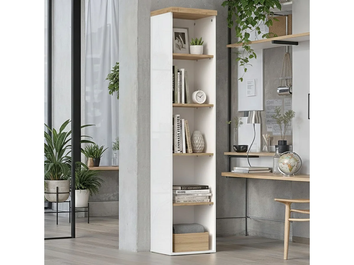 Etagère colonne blanc laqué brillant dessus et étagères aspect bois finition Cadiz - GENIUS