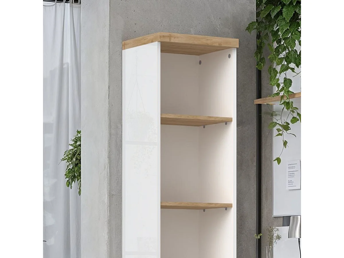 Etagère colonne blanc laqué brillant dessus et étagères aspect bois finition Cadiz - GENIUS