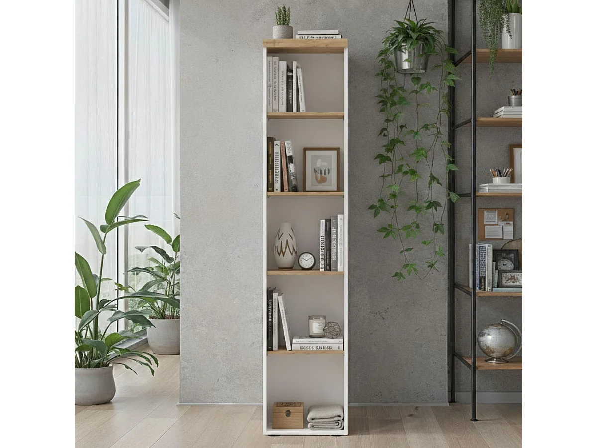 Etagère colonne blanc laqué brillant dessus et étagères aspect bois finition Cadiz - GENIUS