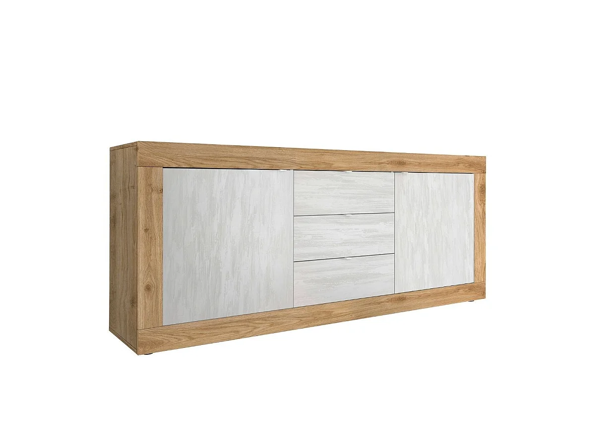 Ensemble Séjour Buffet 2 Portes 3 Tiroirs aspect bois finition Cadiz façades blanc texturées - OTELLO