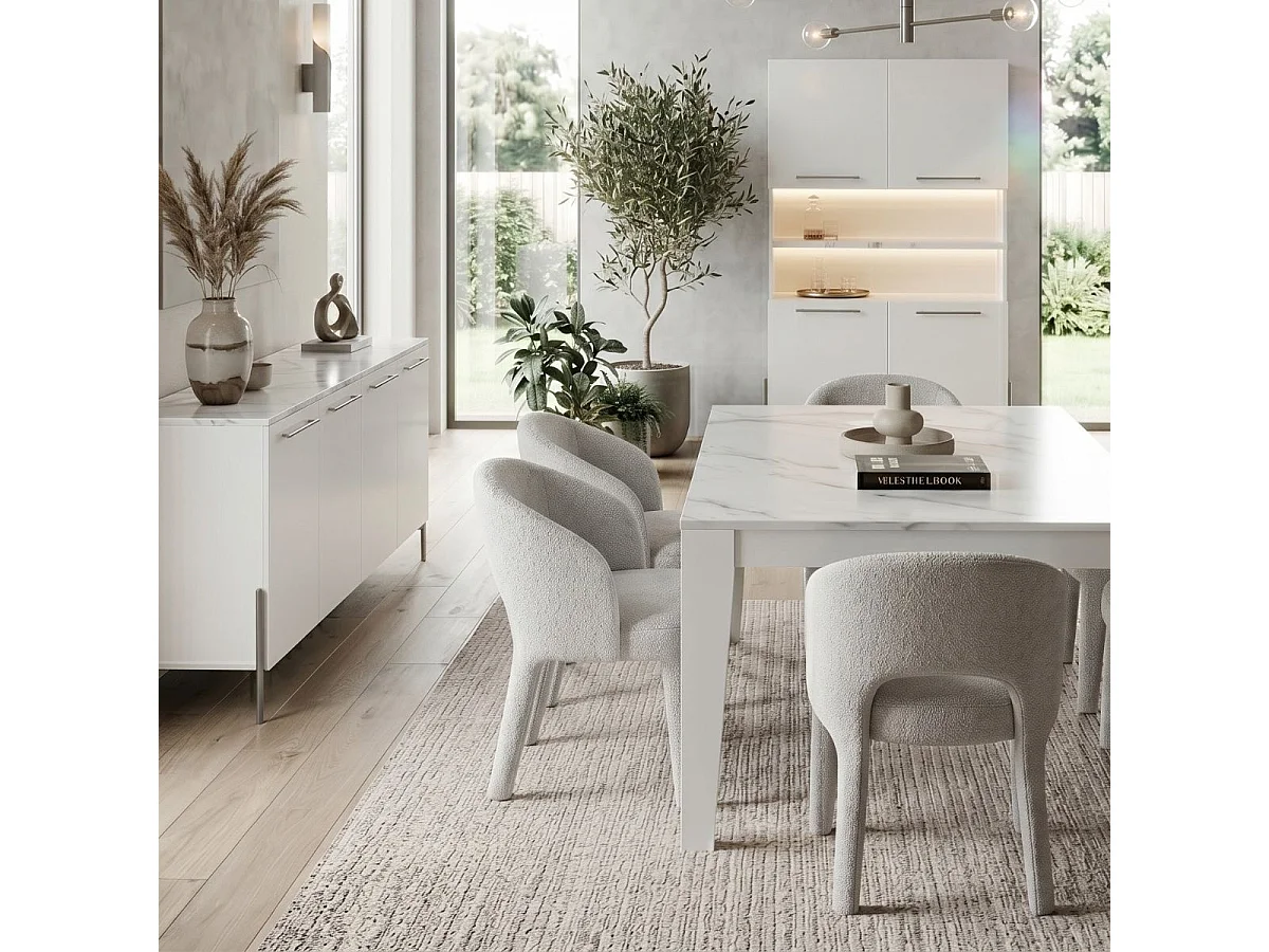 Ensemble séjour table 190cm blanc et marbre pieds et poignées métal anthracite - CARAT
