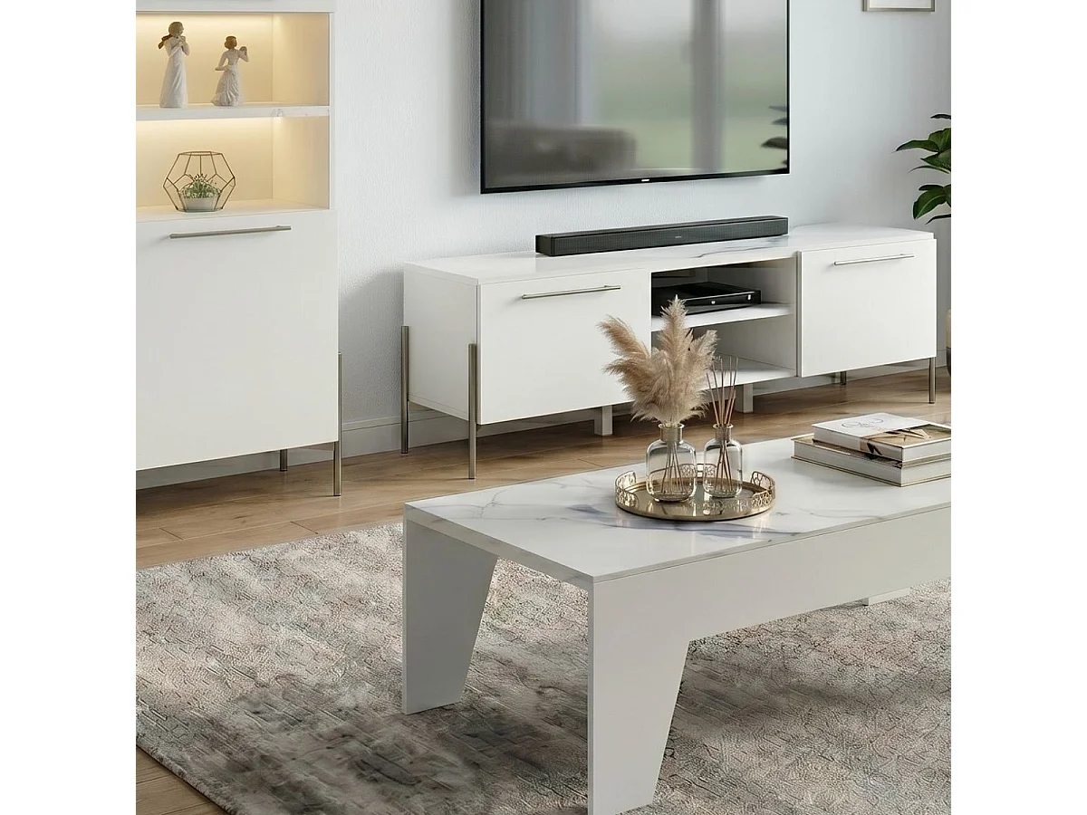 Ensemble salon design blanc et marbre pieds et poignées métal anthracite - CARAT