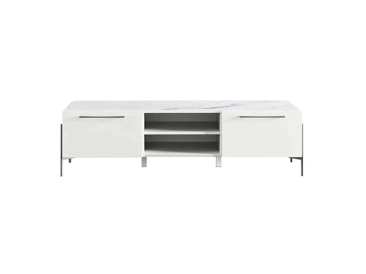 Ensemble salon design blanc et marbre pieds et poignées métal anthracite - CARAT