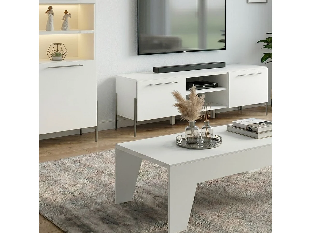 Ensemble salon design laqué blanc pieds et poignées métal anthracite - CARAT
