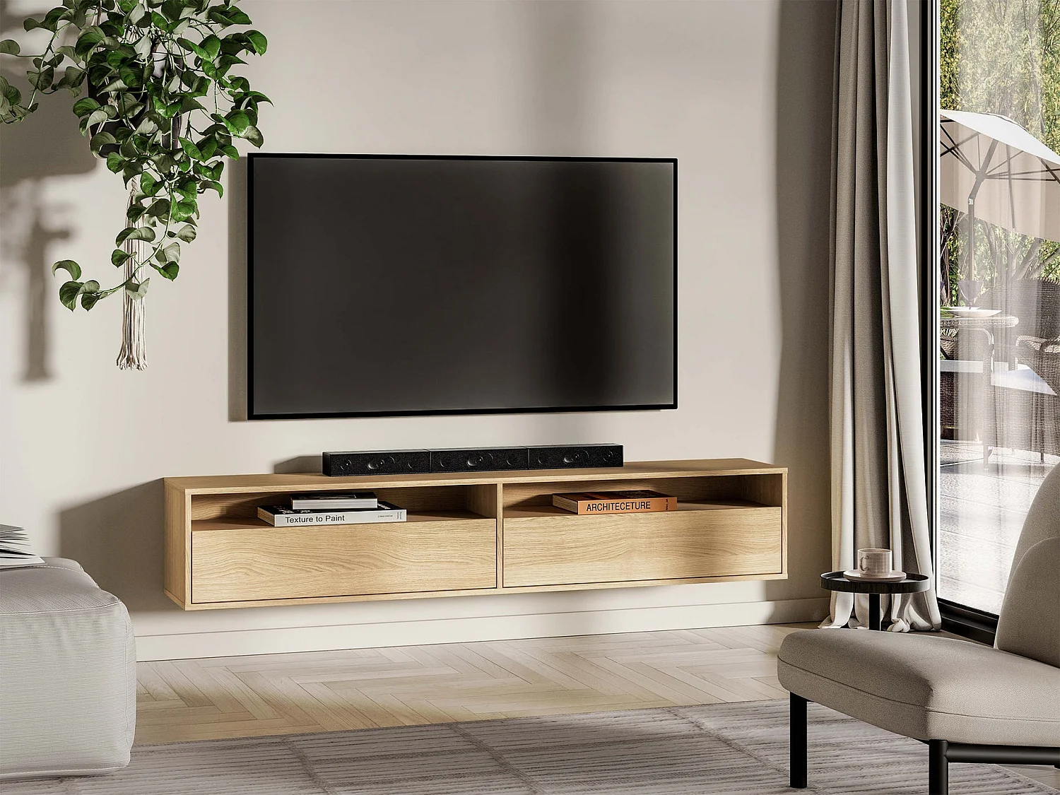TV-Hängeboard 2-türig mit Fächern - Mavelie Eiche - 180 cm - Heggers