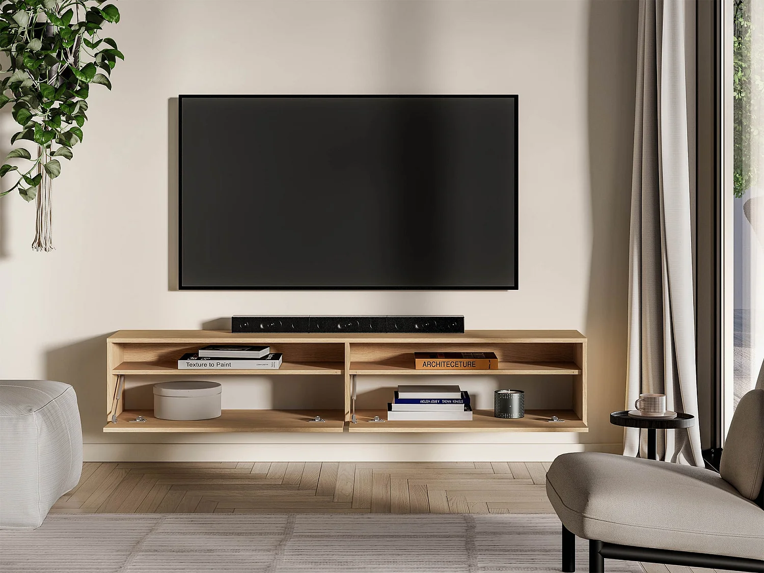 TV-Hängeboard 2-türig mit Fächern - Mavelie Eiche - 180 cm - Heggers