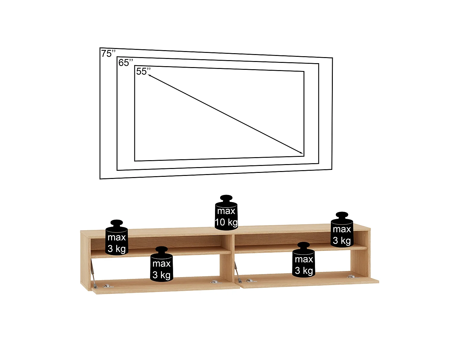 TV-Hängeboard 2-türig mit Fächern - Dunin Eiche - 180 cm - Heggers