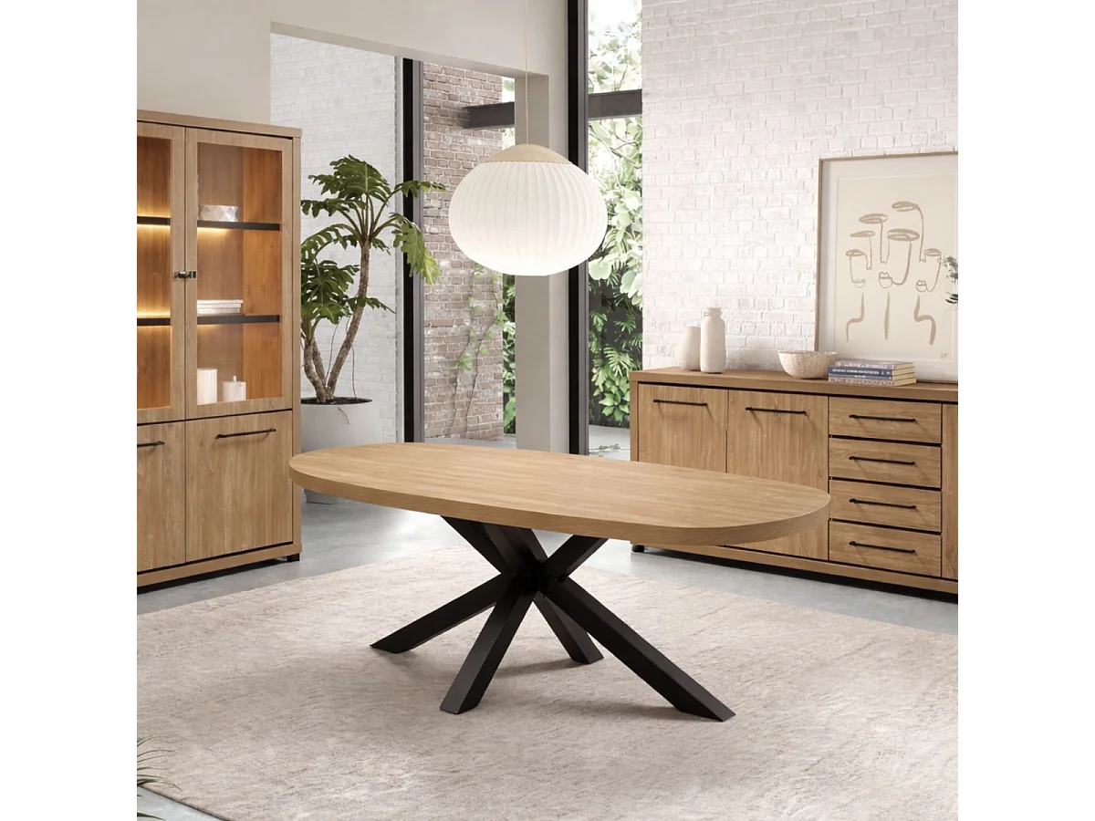 Table repas 200cm plateau ovale aspect bois finition Houston Oak pied métal étoile - HOUSTON