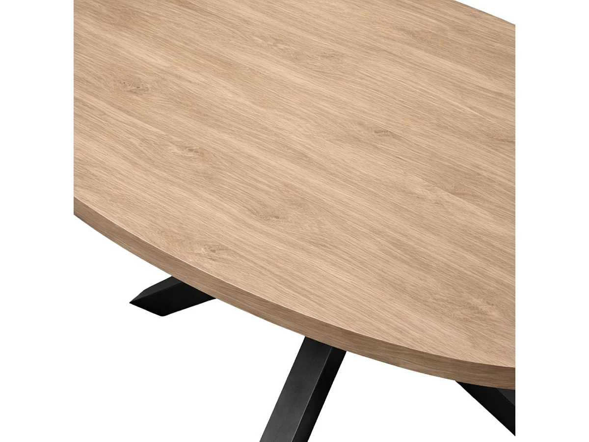 Table repas 200cm plateau ovale aspect bois finition Houston Oak pied métal étoile - HOUSTON