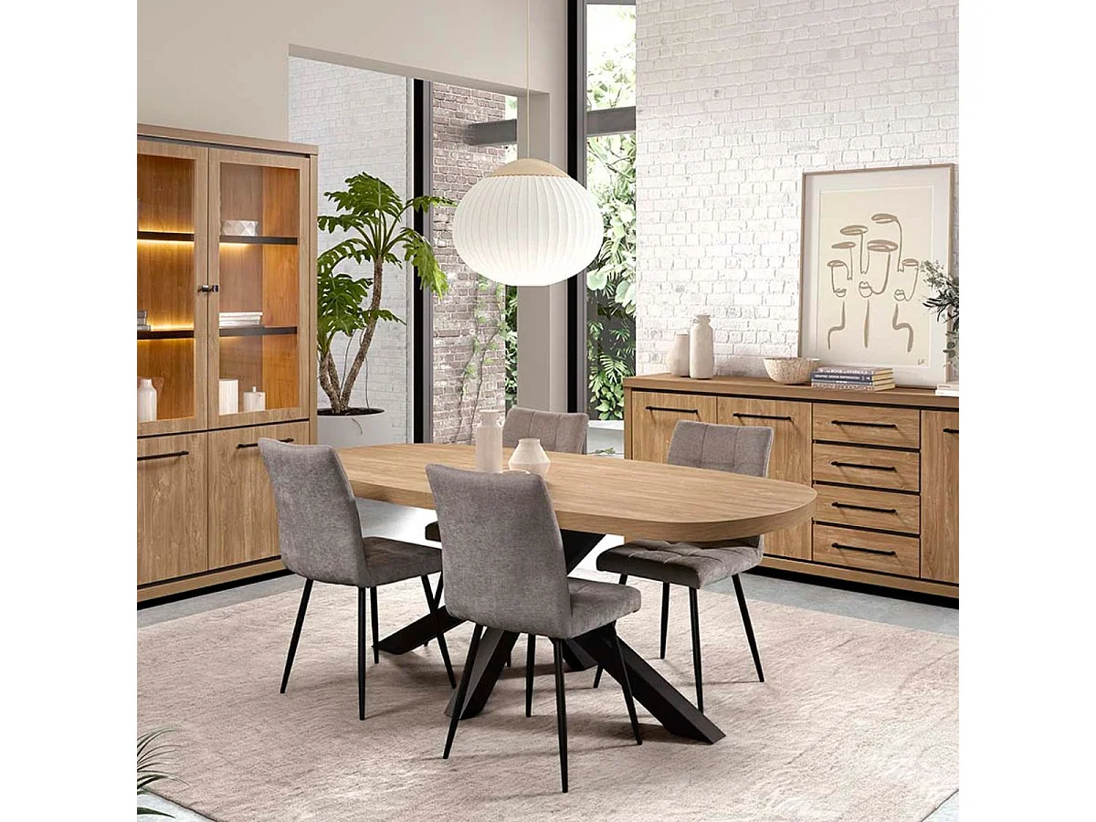 Table repas 200cm plateau ovale aspect bois finition Houston Oak pied métal étoile - HOUSTON