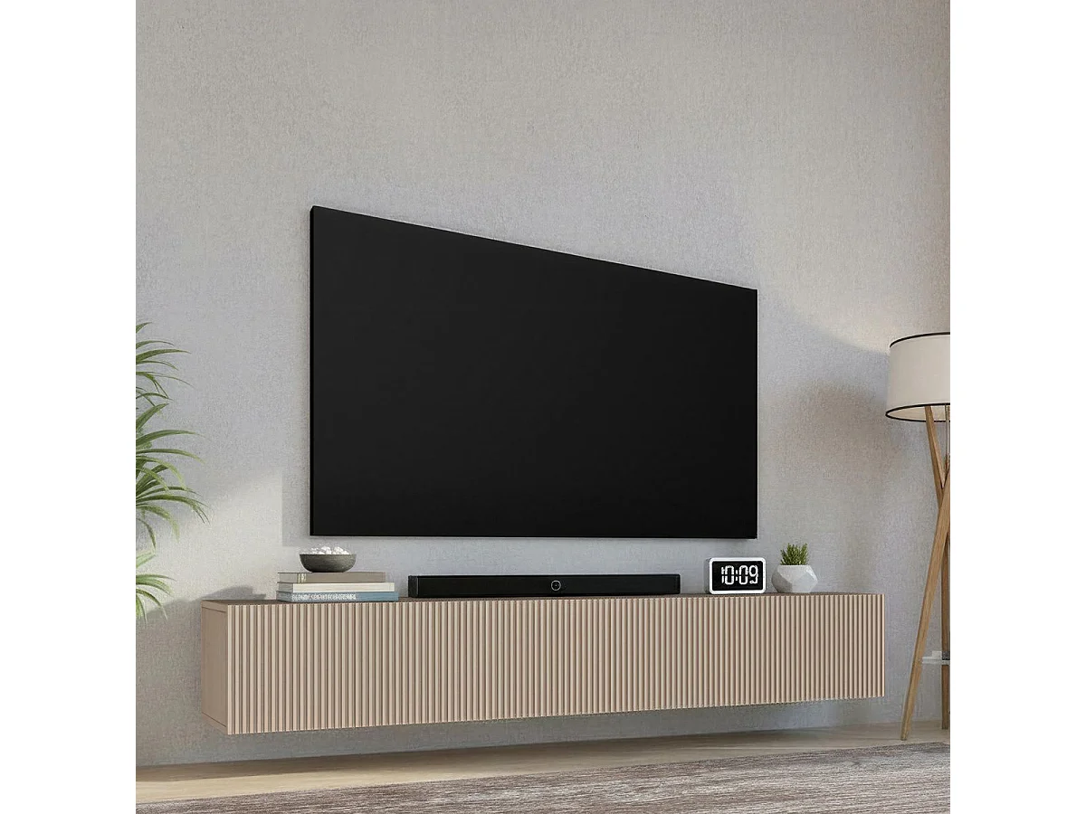 Meuble TV suspendu 180cm 1 porte abattante relief laqué beige - JANEIRO BEIGE