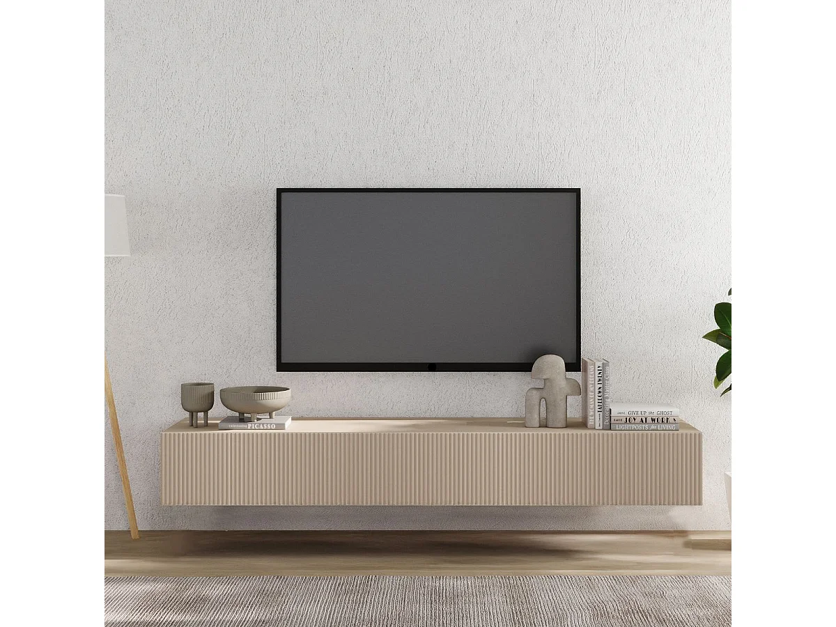 Meuble TV suspendu 180cm 1 porte abattante relief laqué beige - JANEIRO BEIGE