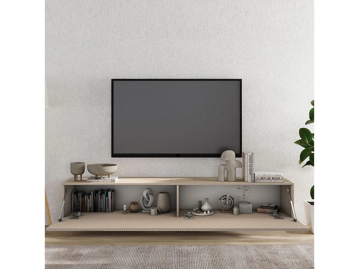 Meuble TV suspendu 180cm 1 porte abattante relief laqué beige - JANEIRO BEIGE