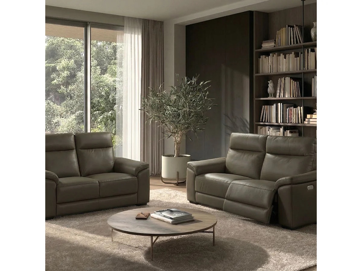 Canapé Relax Electrique 3 Places + Canapé 2 Places Fixe en cuir taupe foncé - STANLEY