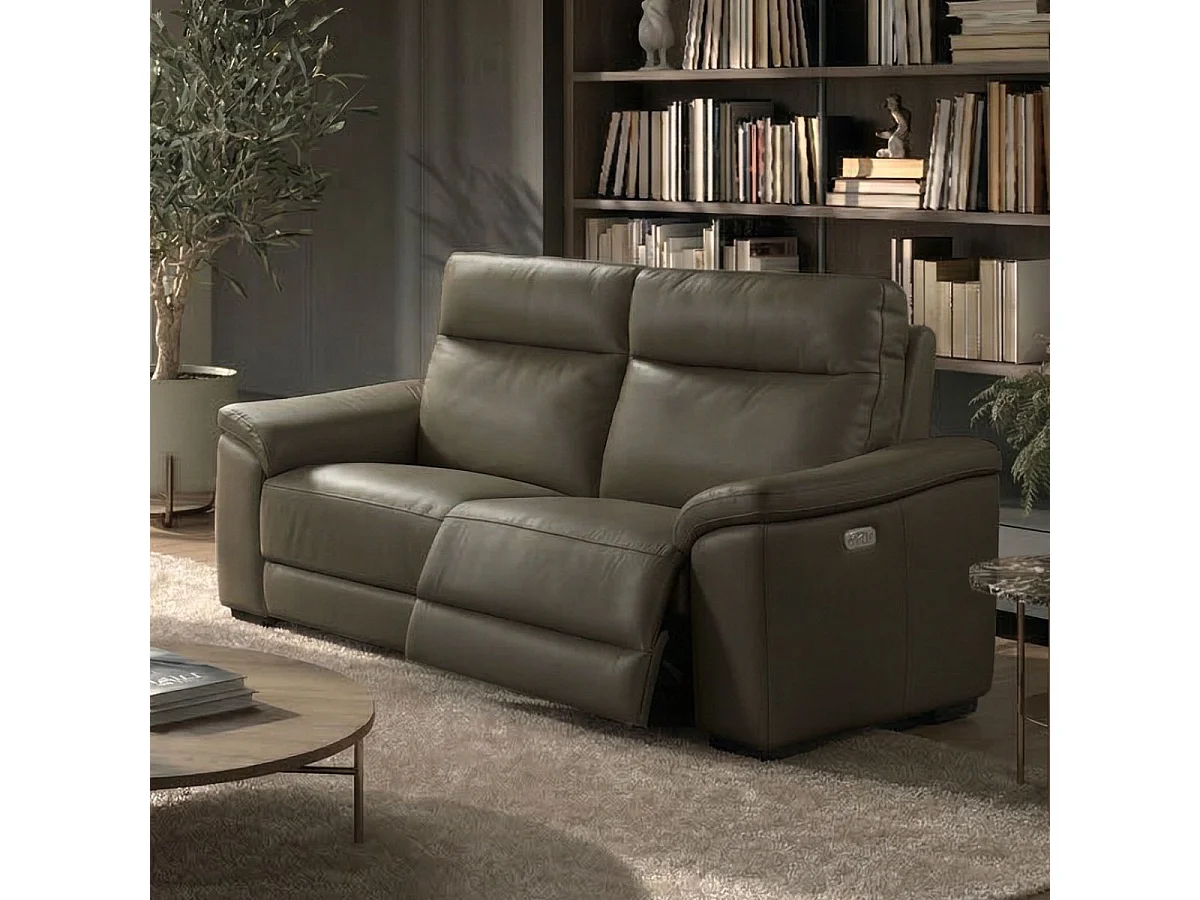 Canapé Relax Electrique 3 Places + Canapé 2 Places Fixe en cuir taupe foncé - STANLEY